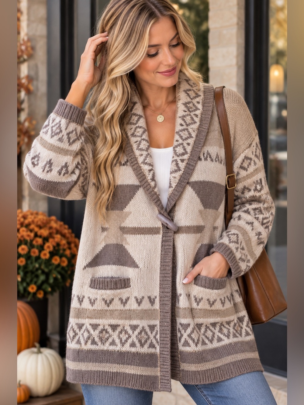 I Jeans by Buffalo Large Southwestern Geometric Cardigan Sweater Neutral Cozy